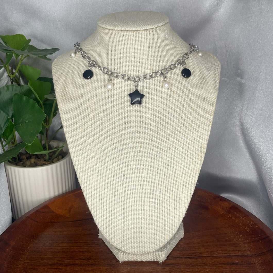Black Obsidian, Agate & Freshwater Pearl Charm Necklace