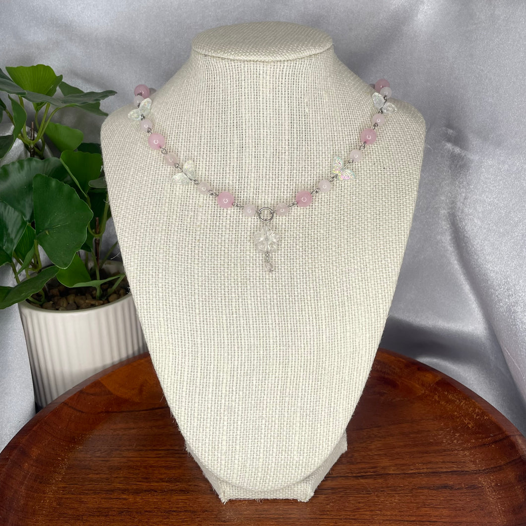 Rose Quartz & Clear Quartz Flower Necklace