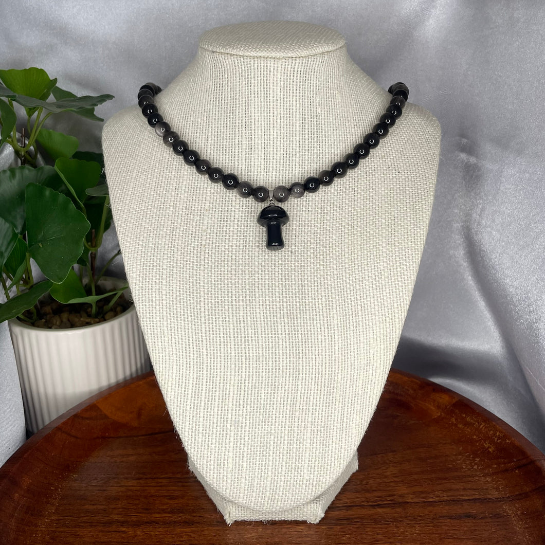 Silver Sheen Obsidian Mushroom Necklace