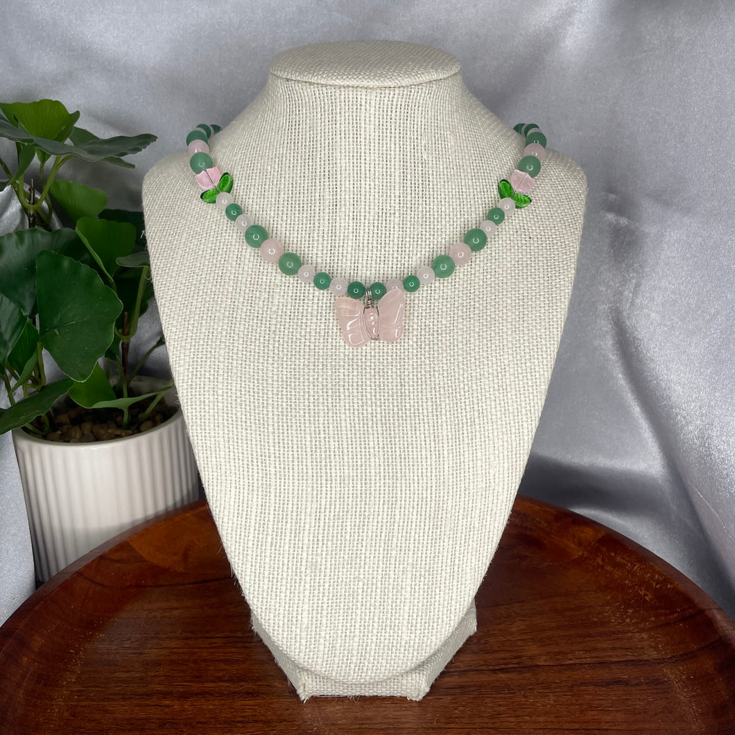 Green Aventurine & Rose Quartz Butterfly Necklace