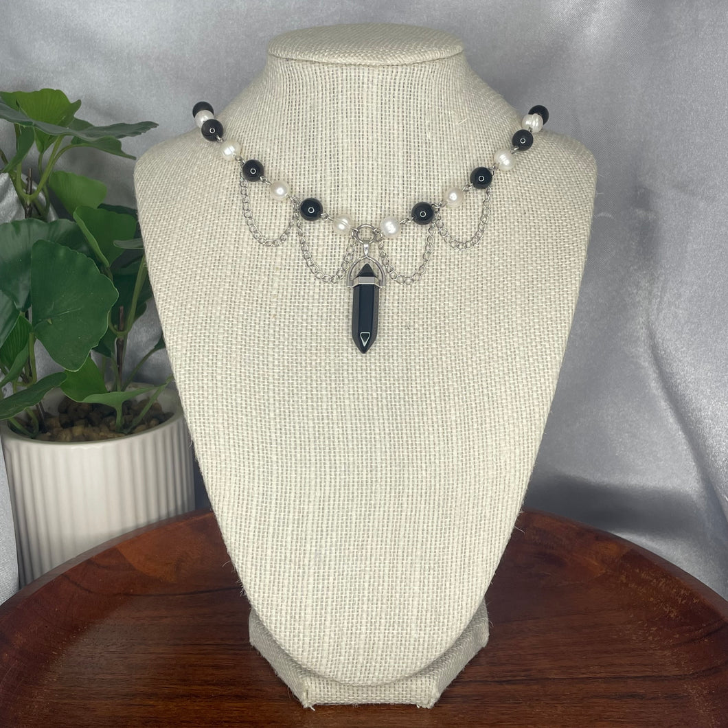 Silver Sheen Obsidian & Freshwater Pearl Necklace