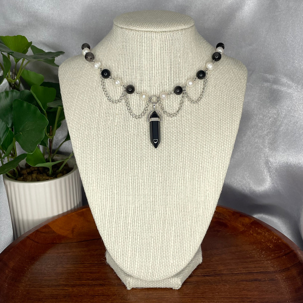 Silver Sheen Obsidian & Freshwater Pearl Necklace