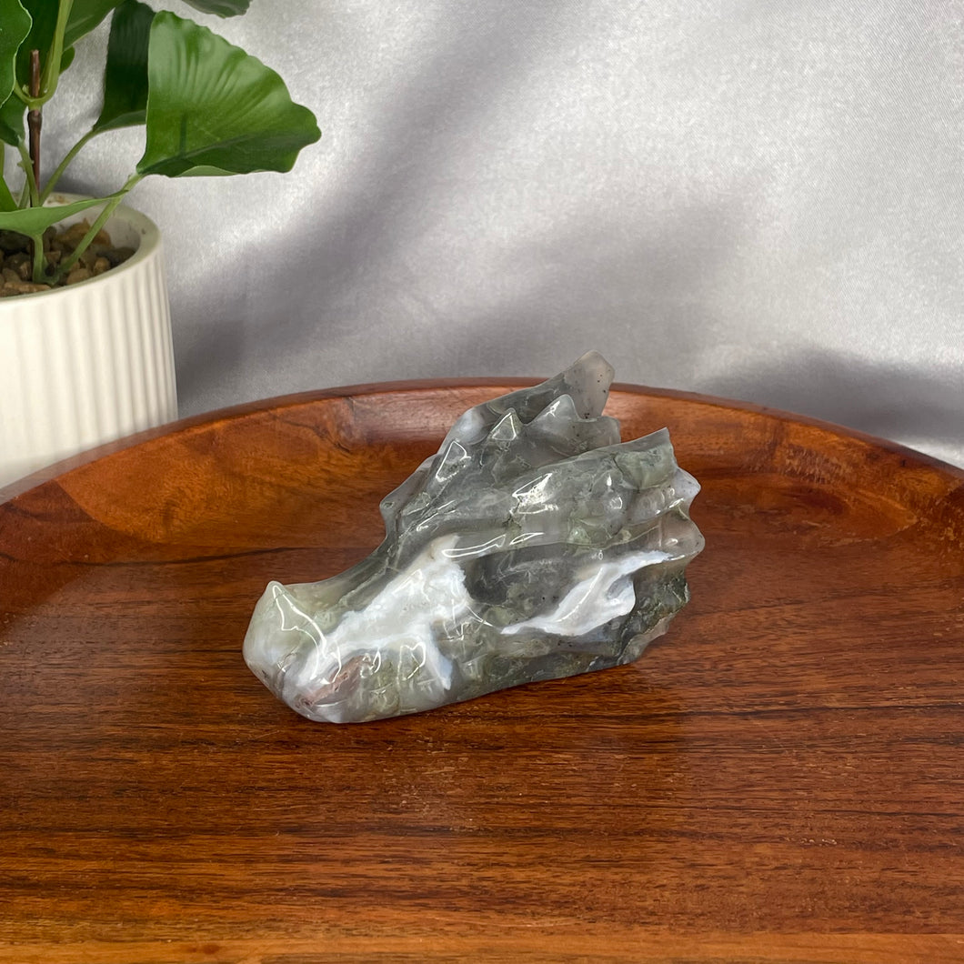 Moss Agate Dragon Heads